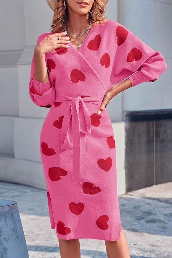 pink sweater dress with red hearts